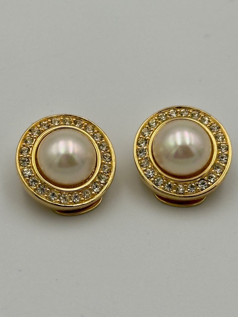 Vintage Christian Dior Faux Pearl Rhinestone Crystal Halo Clip On Earrings Gold